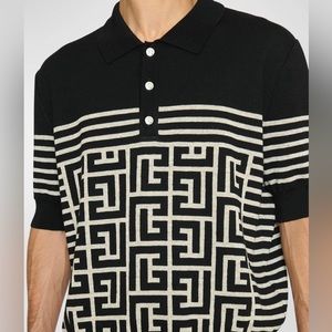 BALMAIN. Striped Monogram Knit Polo